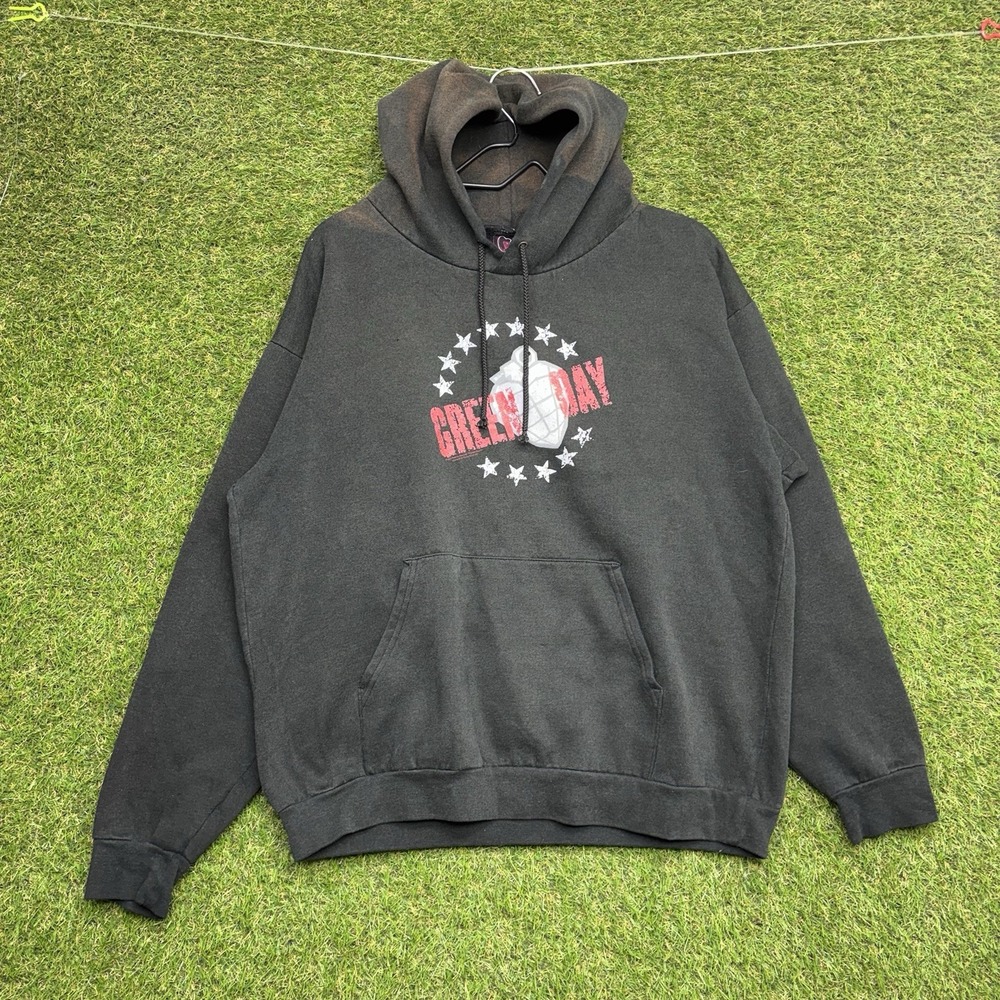 Vintage Green Day Hoodie Mens XL Black 2000s Cinder Block Faded Drawstring y2k